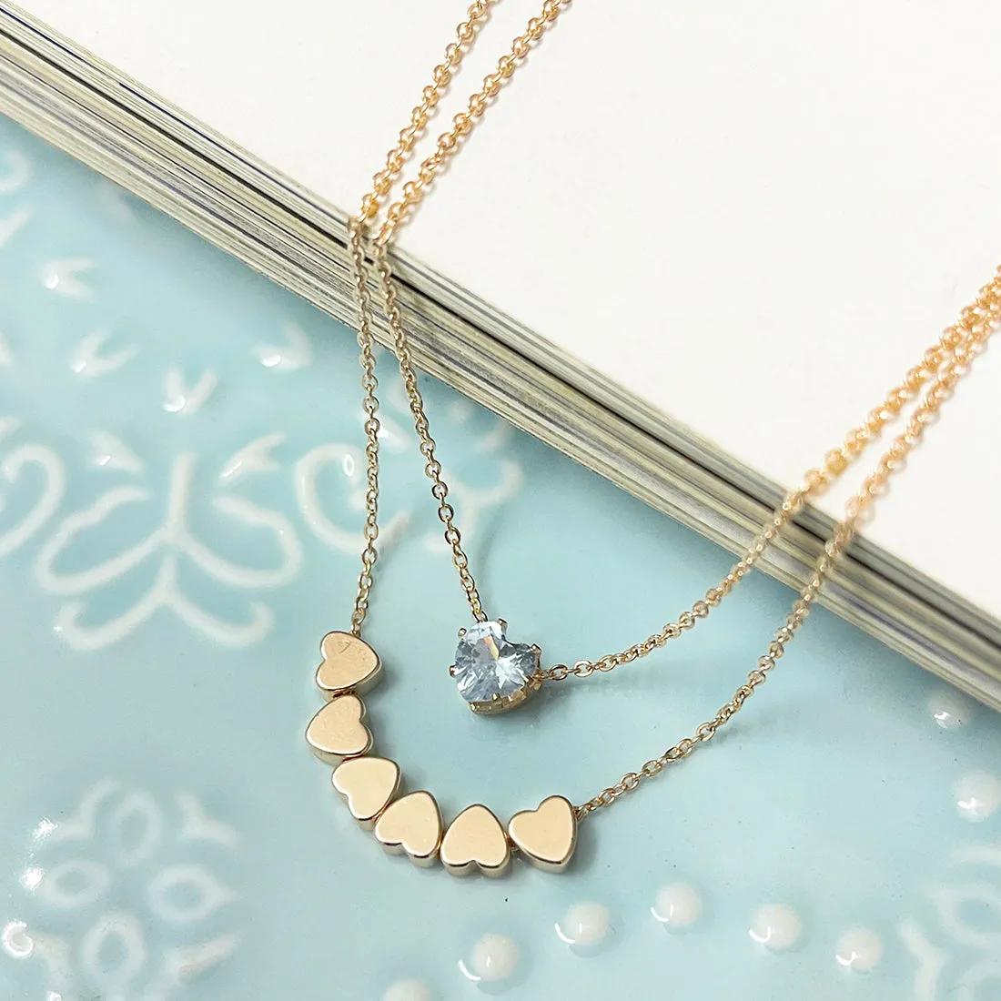 Diamante Pendant & Metallic Heart Pendants Gold-Toned Layered Necklace