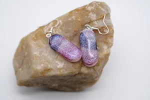 Dichroic pink, purple and white sparkling fused glass pierced dangling earrings on silver french wires. Approx 2 inches total length