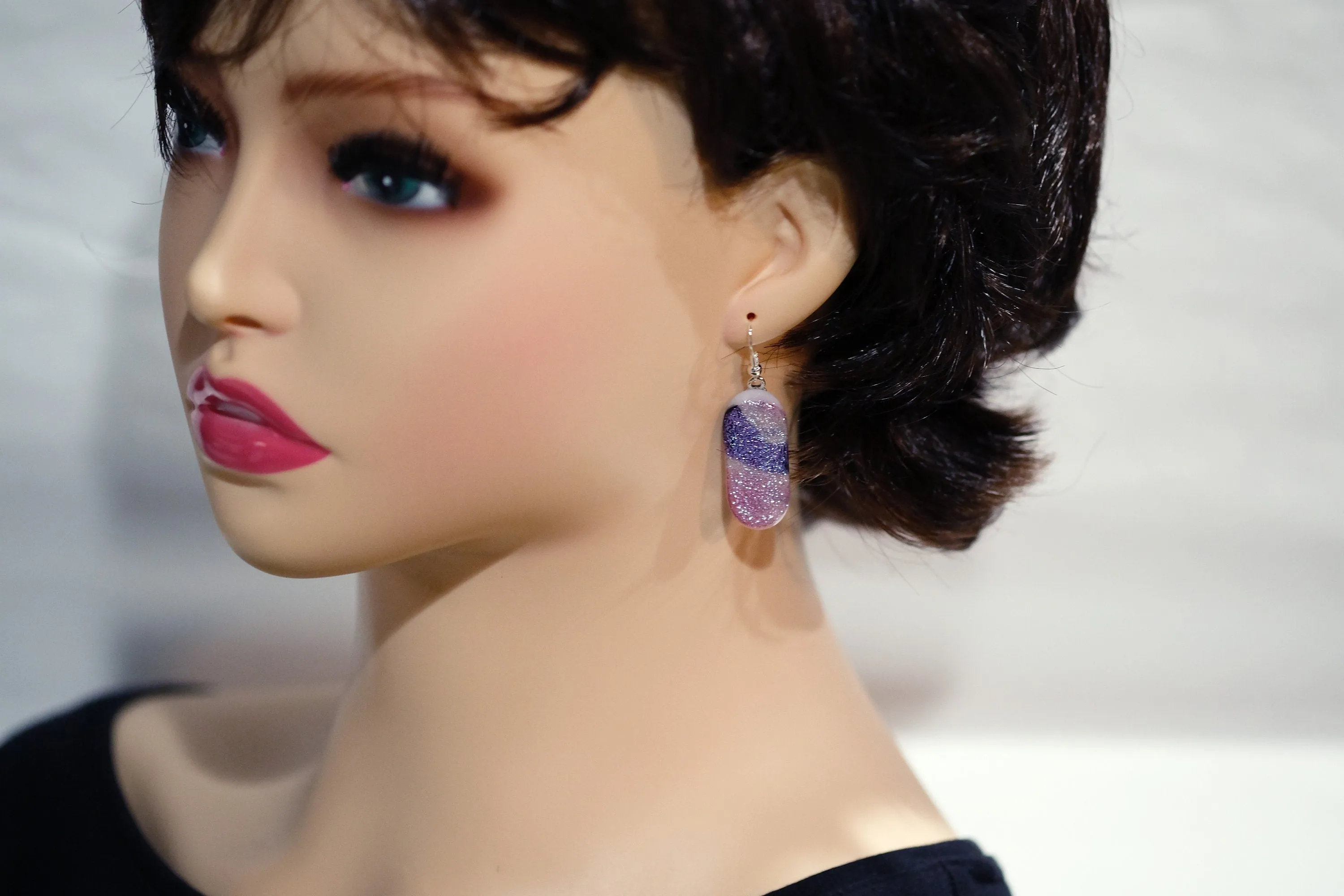 Dichroic pink, purple and white sparkling fused glass pierced dangling earrings on silver french wires. Approx 2 inches total length