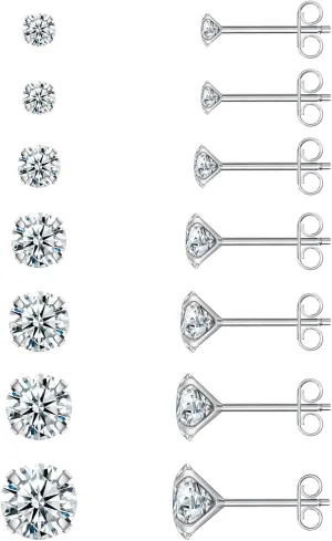 Earrings for Women, 7/8 Pairs Stud Earrings Set for Men, COMOSO 18K White Gold Plated S925 Sterling Silver Cubic Zirconia Earrings Studs 3-8mm, Birthday Christmas Gift