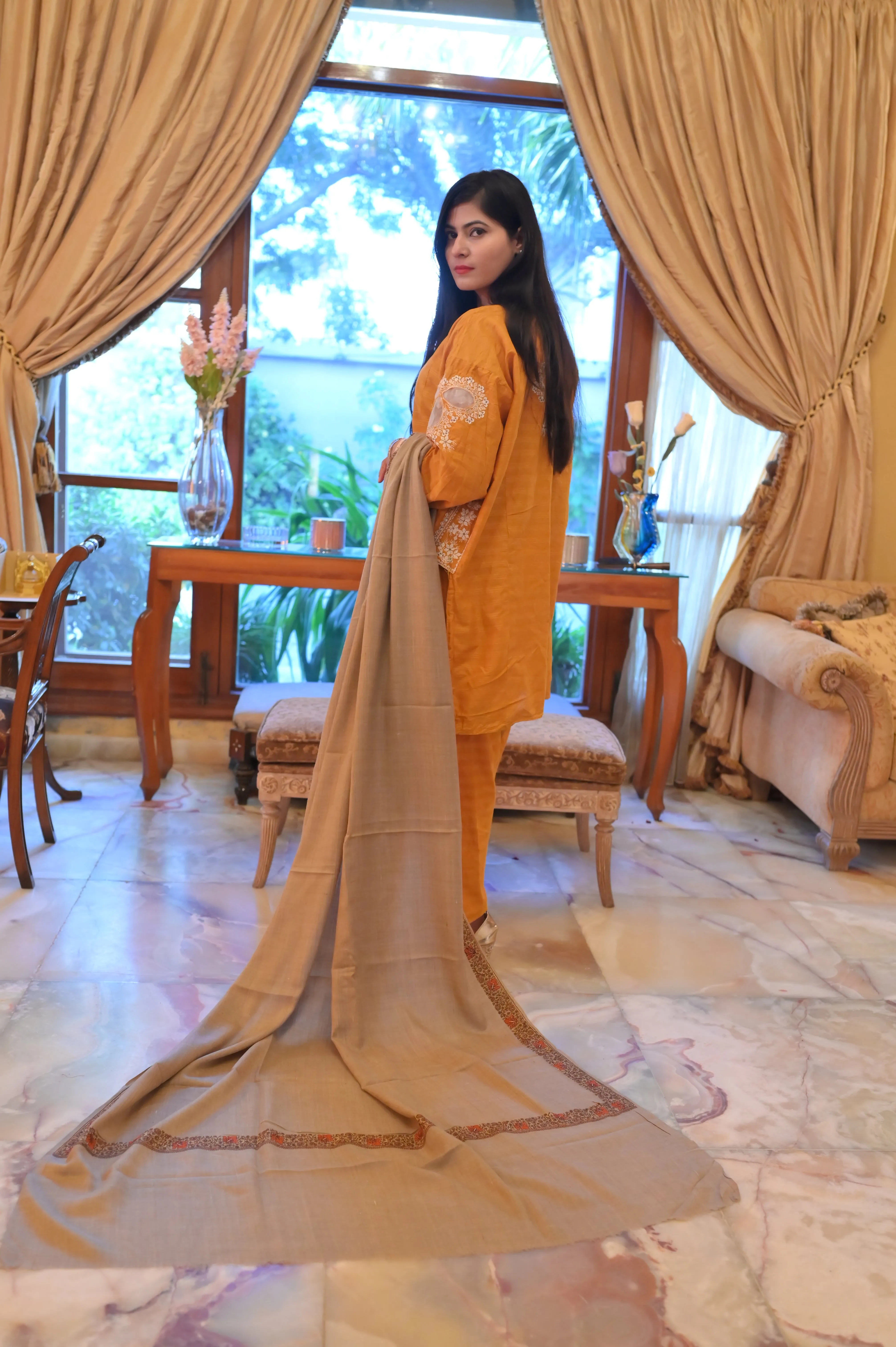 Elegant Shawl with Gota Zari Border Bronze