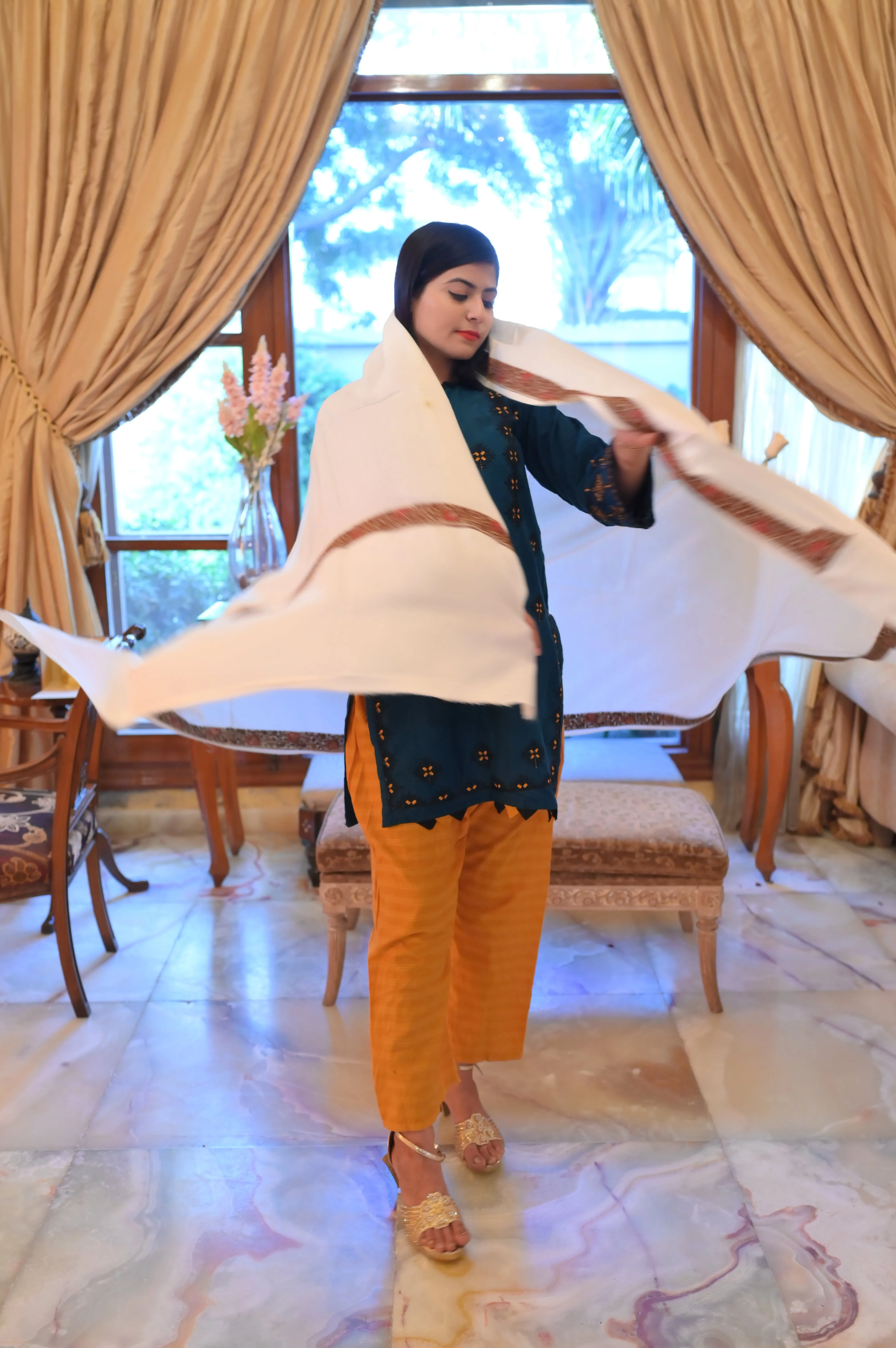 Elegant Shawl with Gota Zari Border White