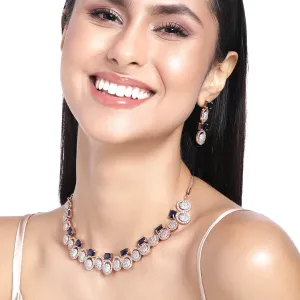 Estele Rose Gold Plated CZ Trendy Glitterati Necklace Set with Blue Crystals for Women