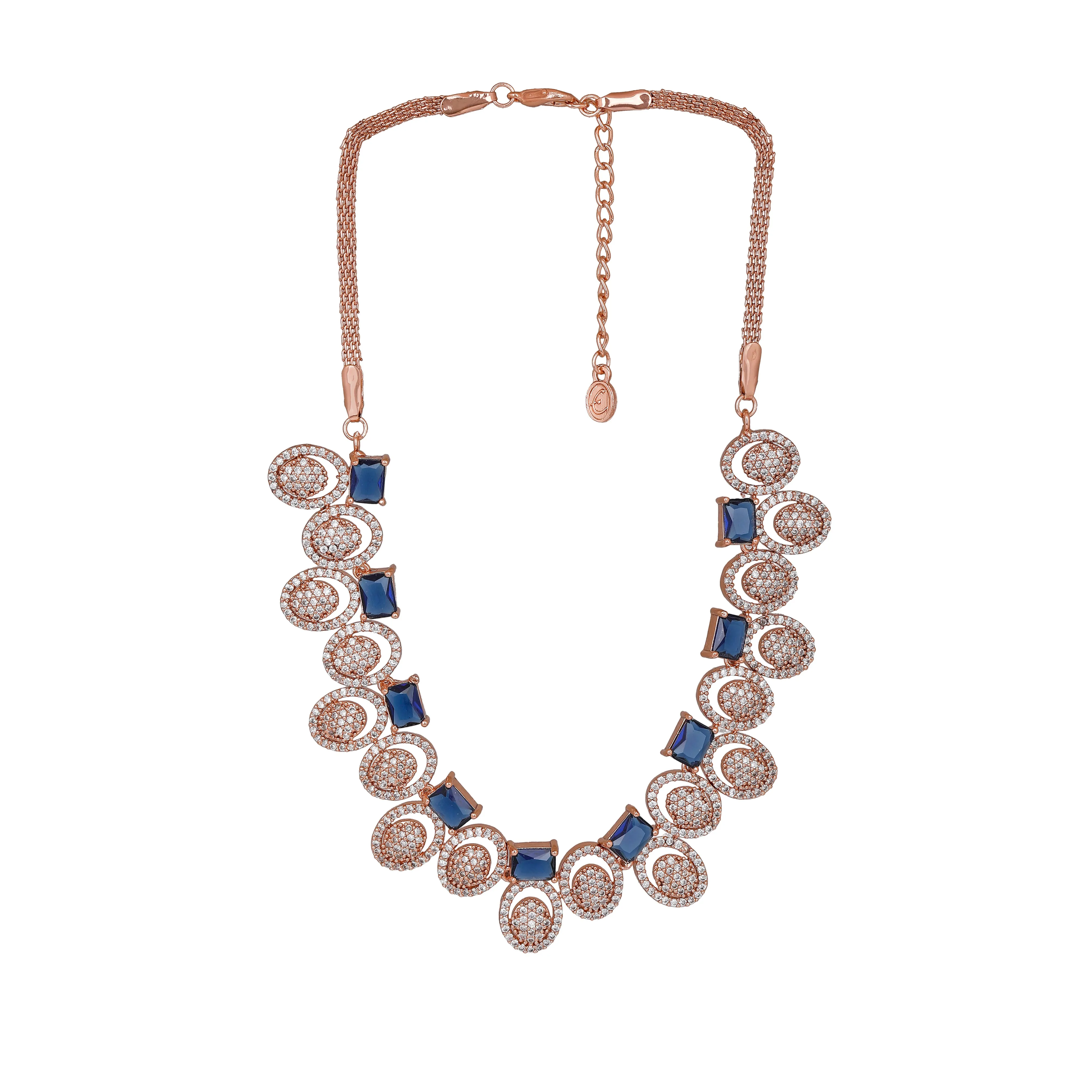 Estele Rose Gold Plated CZ Trendy Glitterati Necklace Set with Blue Crystals for Women