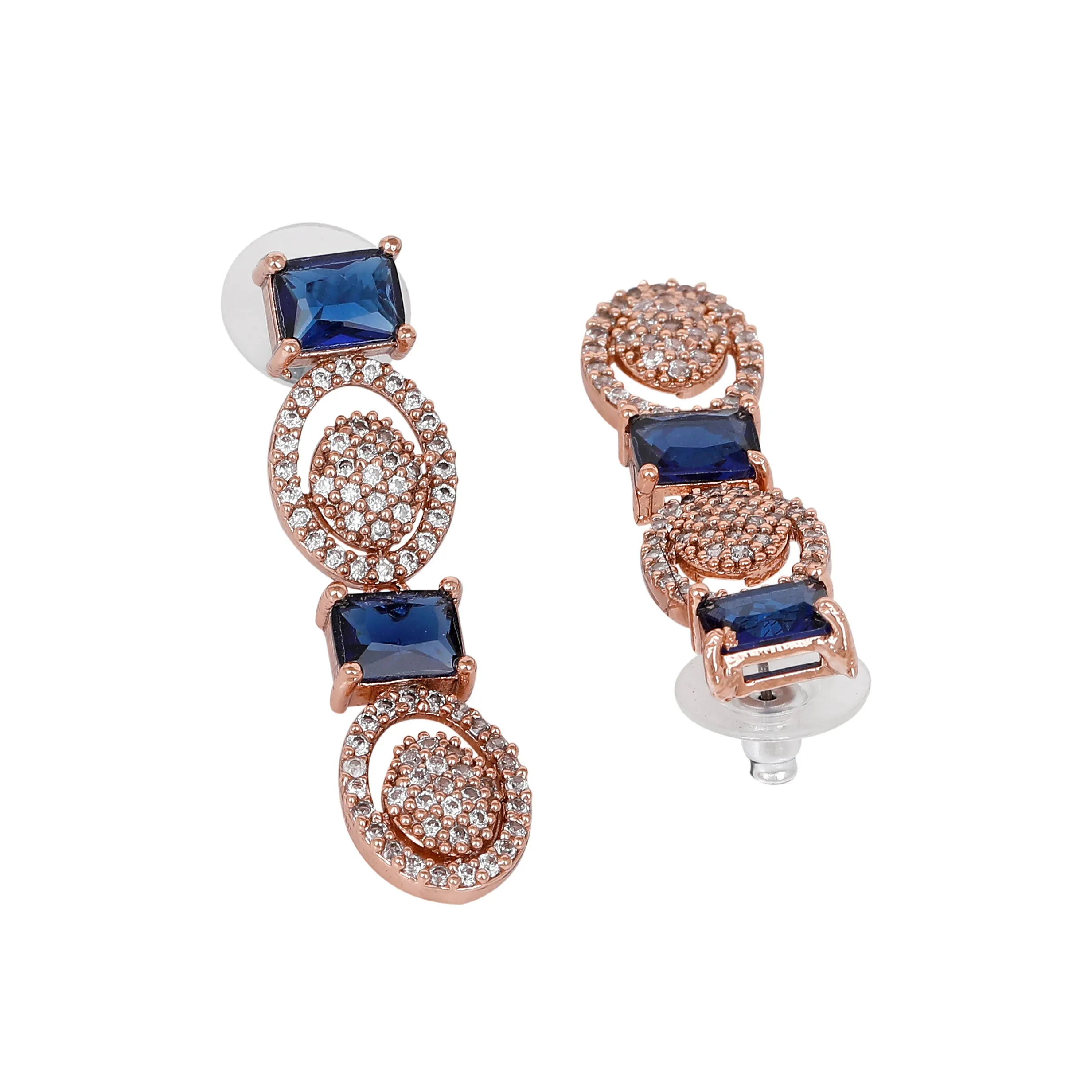 Estele Rose Gold Plated CZ Trendy Glitterati Necklace Set with Blue Crystals for Women