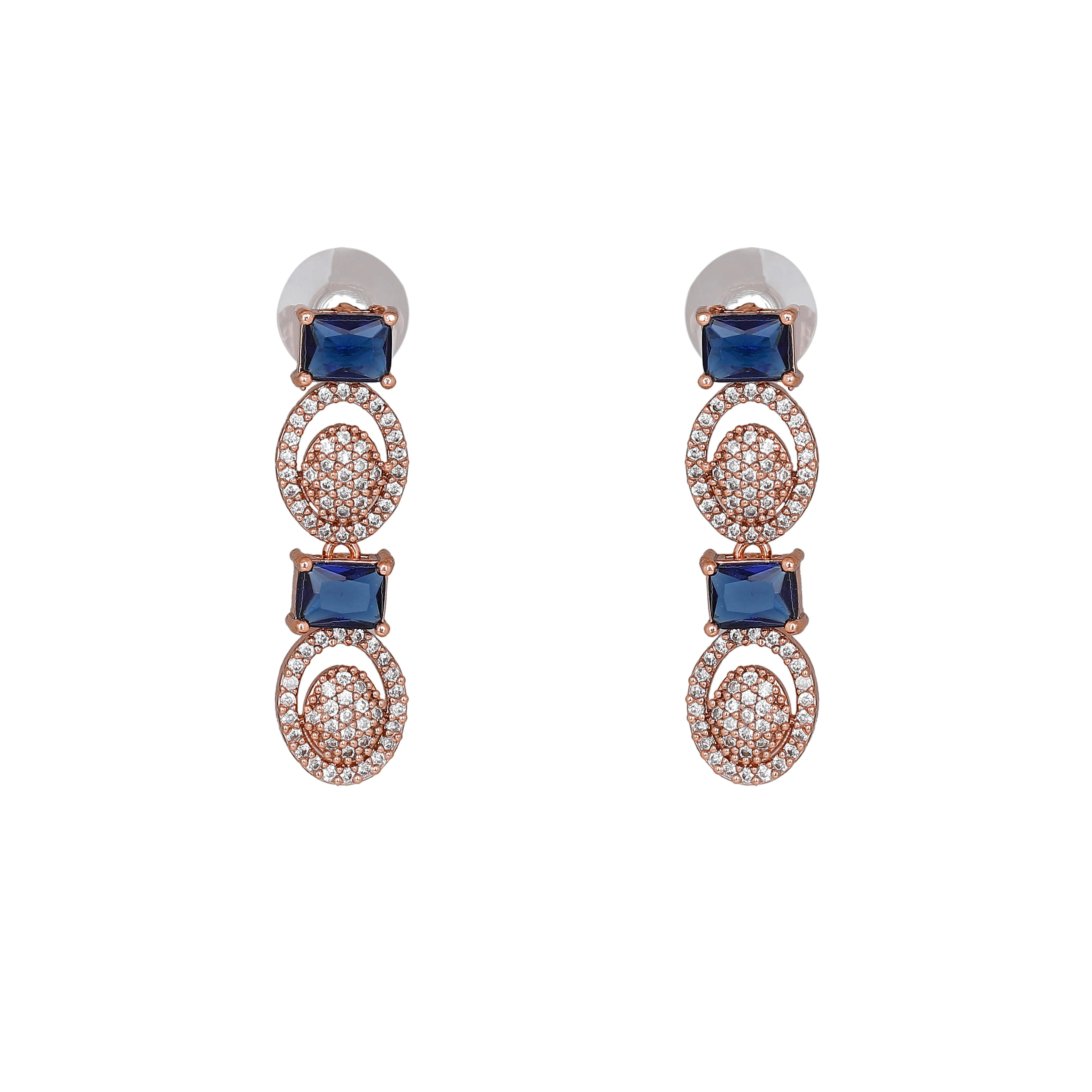 Estele Rose Gold Plated CZ Trendy Glitterati Necklace Set with Blue Crystals for Women
