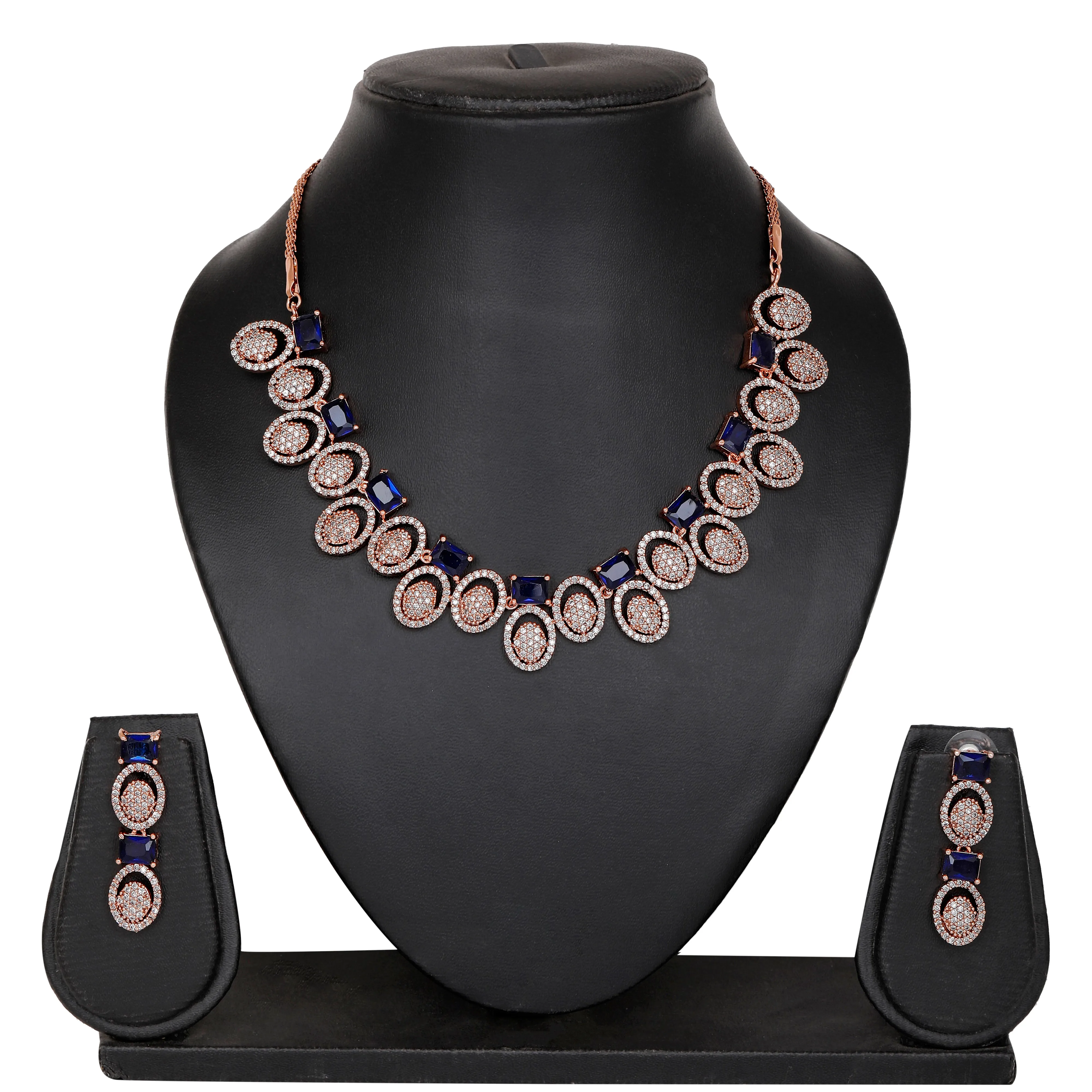 Estele Rose Gold Plated CZ Trendy Glitterati Necklace Set with Blue Crystals for Women