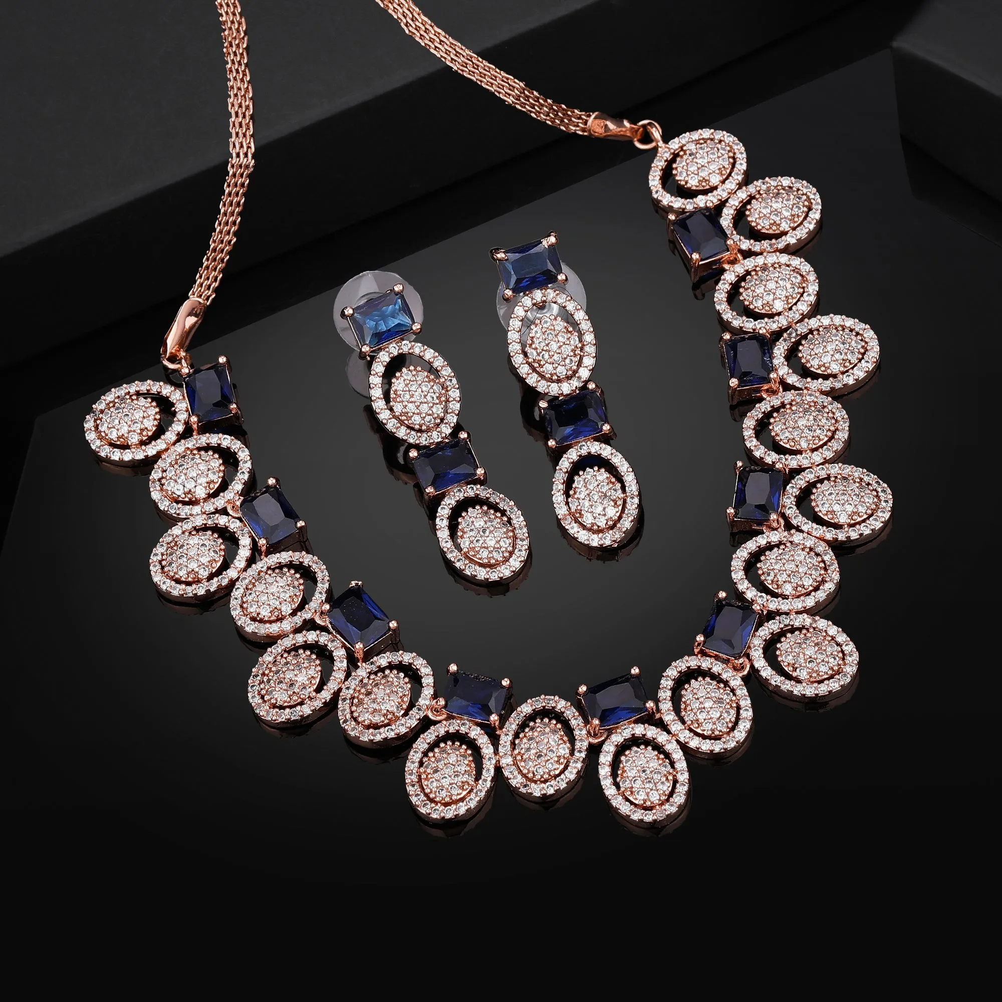 Estele Rose Gold Plated CZ Trendy Glitterati Necklace Set with Blue Crystals for Women