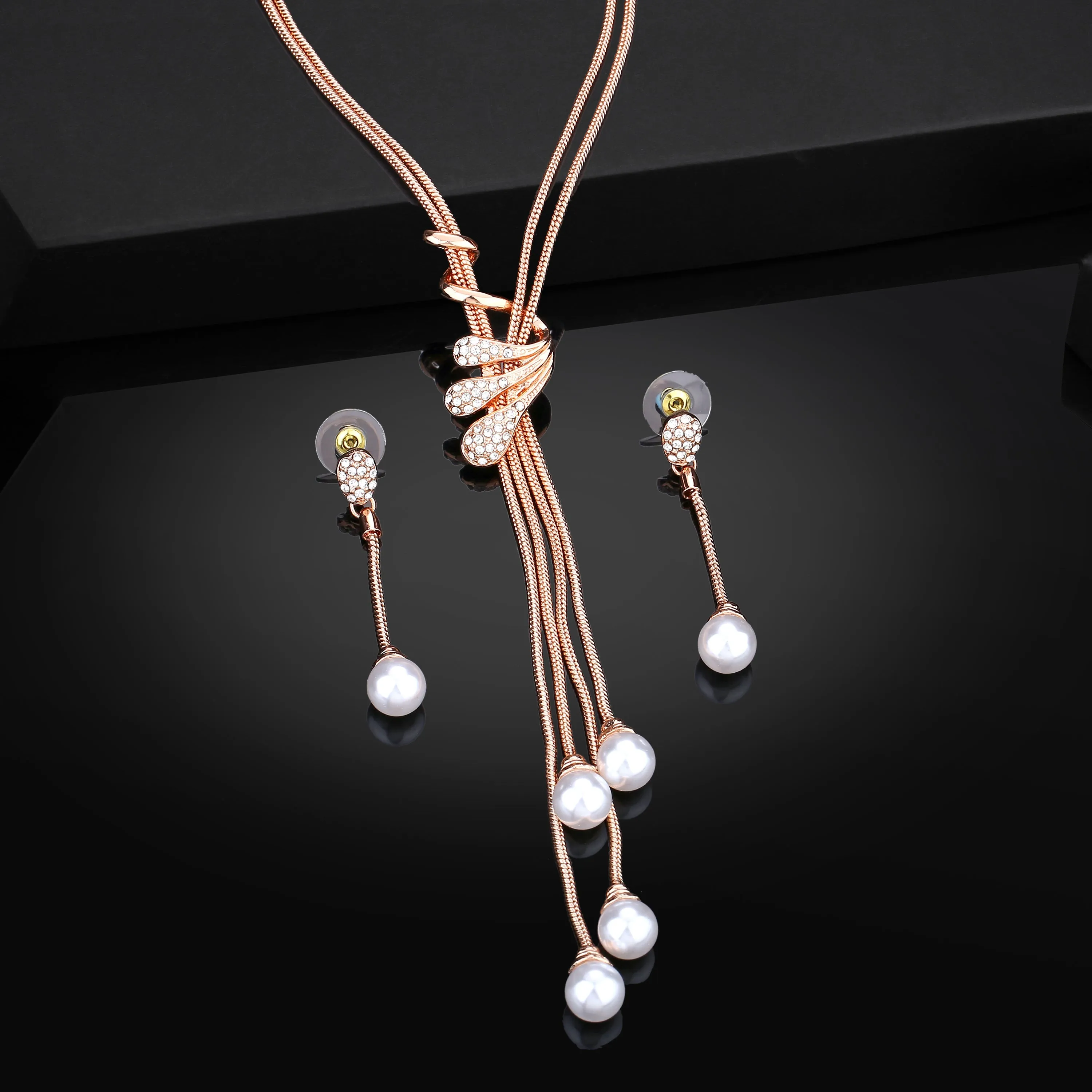 Estele Rosegold Plated Trendy Tassel Necklace Set with Crystals & Pearls for Women