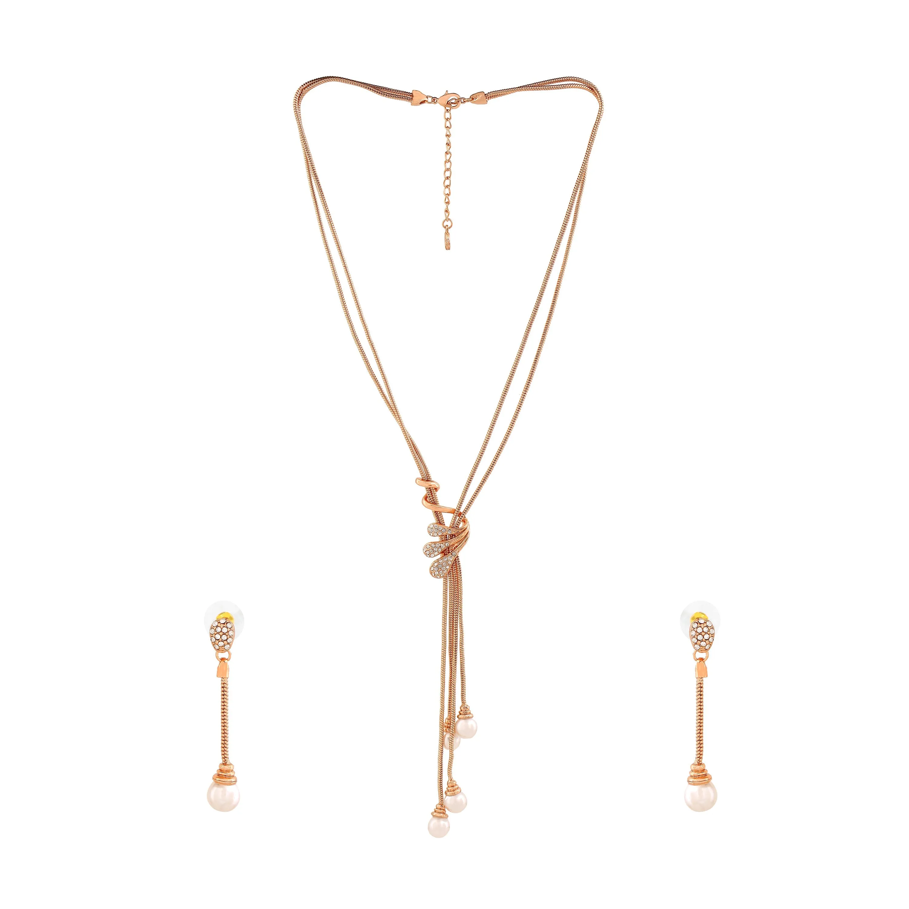 Estele Rosegold Plated Trendy Tassel Necklace Set with Crystals & Pearls for Women