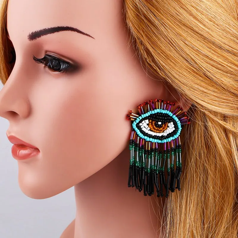 Evil Eye Beaded Tassel Earrings