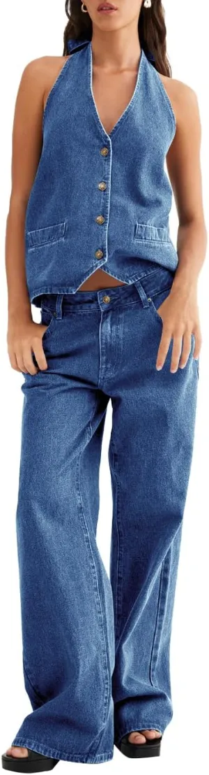 Fisoew Women's Two Piece Denim Set Button Down Backless Tank Top and Wide Leg Jeans 2 Piece Outfit Suits