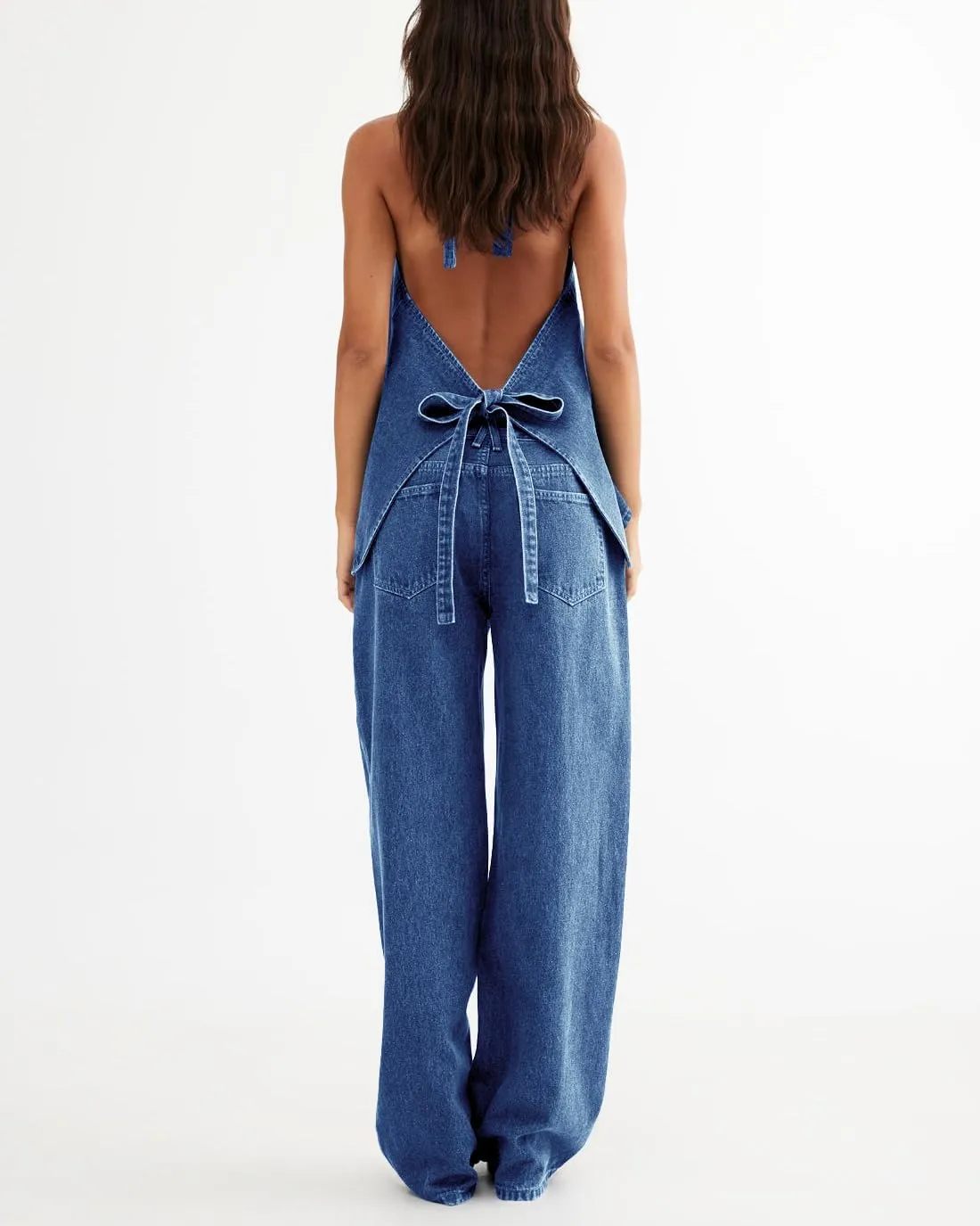 Fisoew Women's Two Piece Denim Set Button Down Backless Tank Top and Wide Leg Jeans 2 Piece Outfit Suits