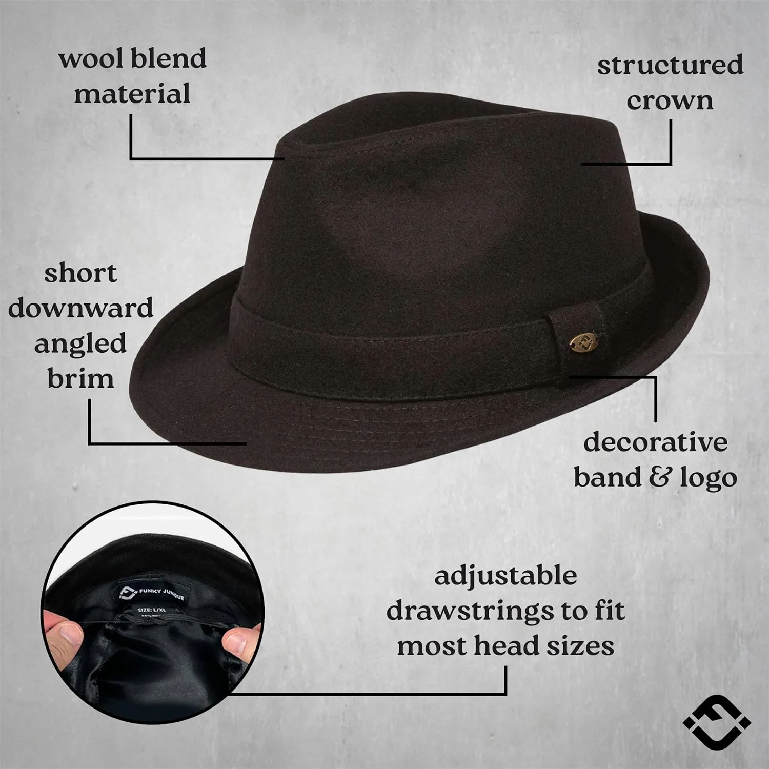 Funky Junque Premium Wool Fedora Hat - Classic Short Brim Structured Trilby