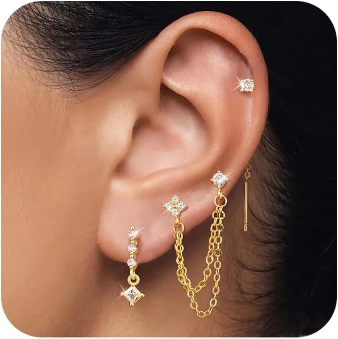 Gold Chain Earrings for Women Dainty Long Dangle Earrings Set, Trendy Hoop Cubic Zirconia Stud Earring Stack, Hypoallergenic Drop Earrings Jewelry for Womens 3 Pairs