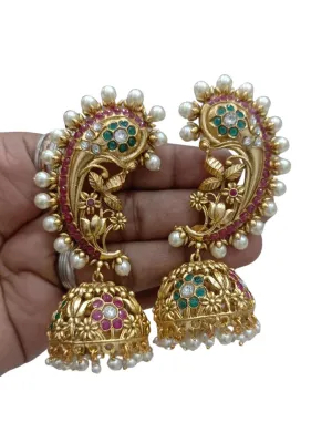 Gold Finish Kundan Polki Temple Jhumka Earrings