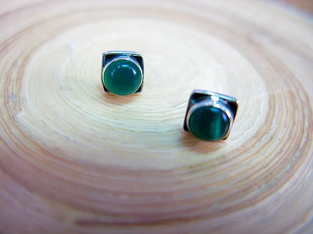 Green Chalcedony 6mm Square Minimalist Stud Earrings in 925 Sterling Silver
