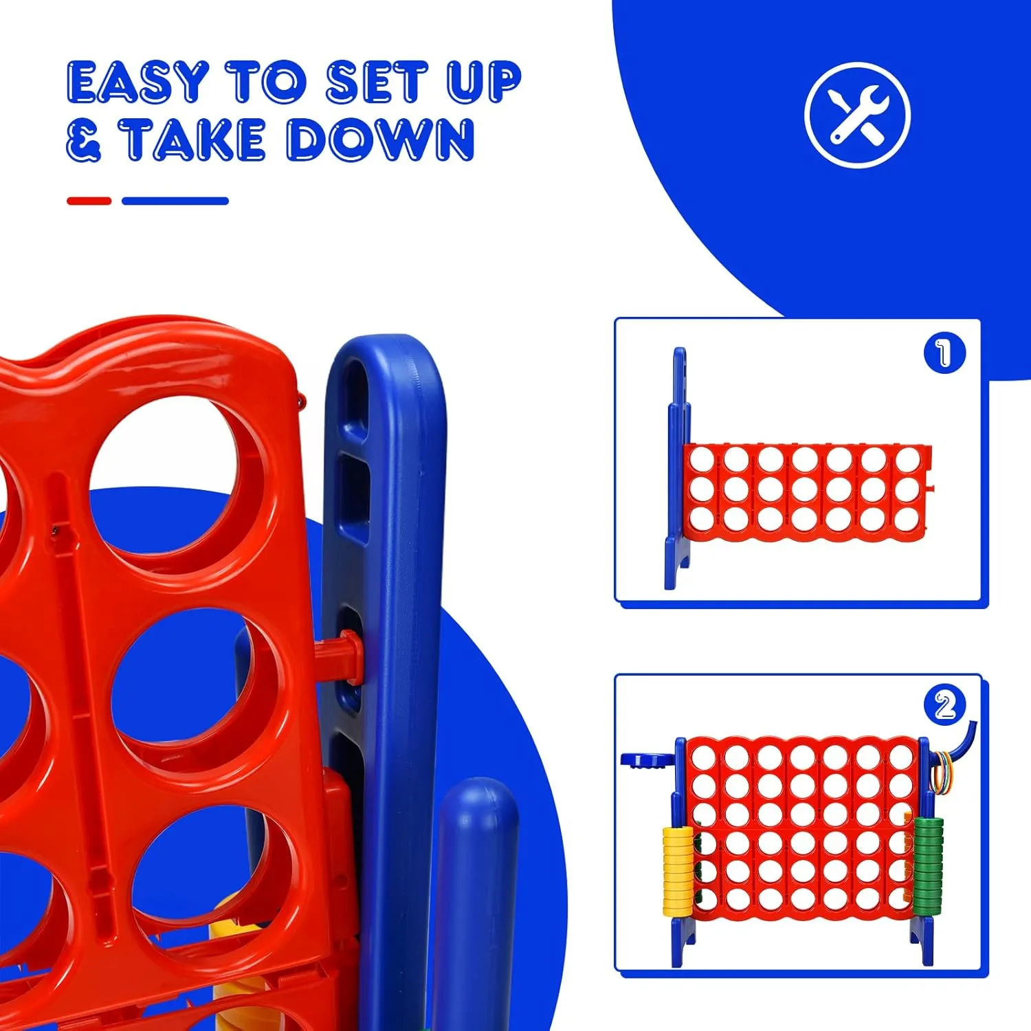 HONEY JOY Jumbo 4-to-Score Giant Game Set, 3-in-1 Indoor Outdoor Family Yard Game Set w/Basketball Hoop & Ring Toss, 42 Jumbo Rings, Quick-Release Slider, Giant 4-in-A-Row for Kids & Adults