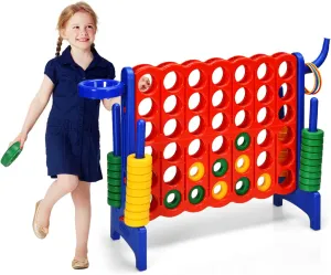 HONEY JOY Jumbo 4-to-Score Giant Game Set, 3-in-1 Indoor Outdoor Family Yard Game Set w/Basketball Hoop & Ring Toss, 42 Jumbo Rings, Quick-Release Slider, Giant 4-in-A-Row for Kids & Adults