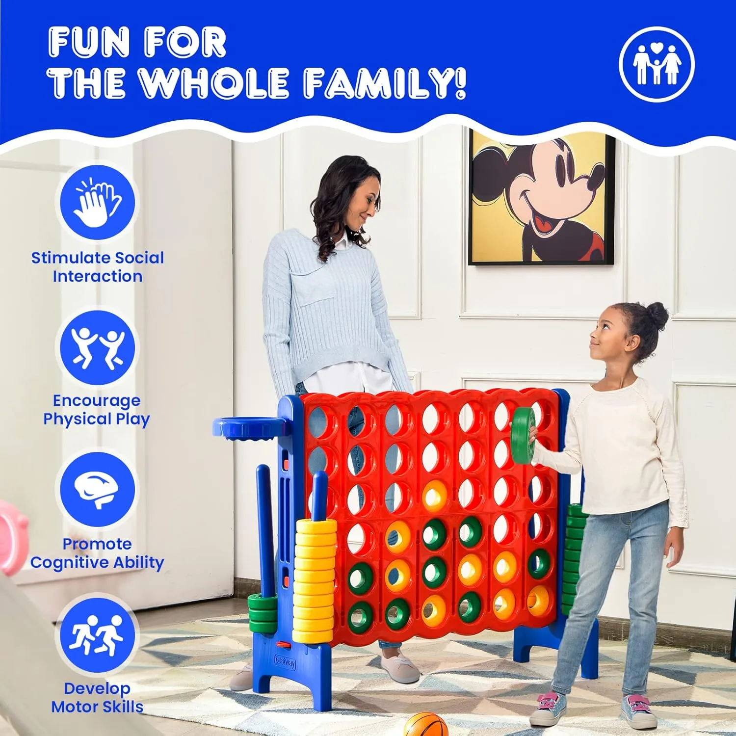 HONEY JOY Jumbo 4-to-Score Giant Game Set, 3-in-1 Indoor Outdoor Family Yard Game Set w/Basketball Hoop & Ring Toss, 42 Jumbo Rings, Quick-Release Slider, Giant 4-in-A-Row for Kids & Adults