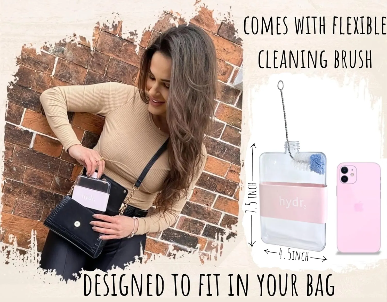 hydr | 15oz Flat Water Bottle For Purse & Flexible Cleaning Brush | BPA Free Square Water Bottle | Leak/Drop Proof Slim Water Bottles For Travel, small water bottle