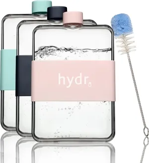 hydr | 15oz Flat Water Bottle For Purse & Flexible Cleaning Brush | BPA Free Square Water Bottle | Leak/Drop Proof Slim Water Bottles For Travel, small water bottle