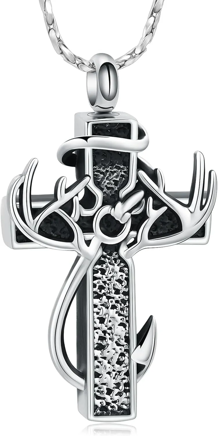 Imrsanl Cross Urn Necklace for Ashes for Women Men Fish Hook Cremation Jewelry Deer Antler Memorial Pendant Human Ashes Holder Keepsake Gifts