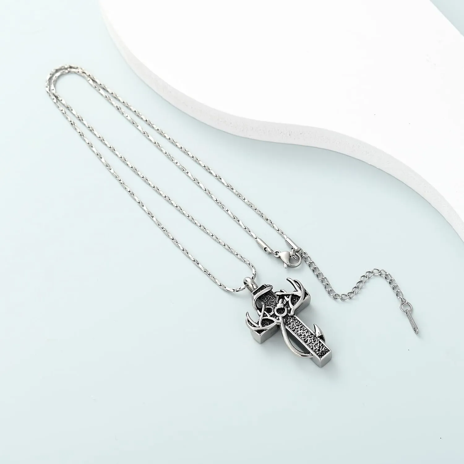 Imrsanl Cross Urn Necklace for Ashes for Women Men Fish Hook Cremation Jewelry Deer Antler Memorial Pendant Human Ashes Holder Keepsake Gifts