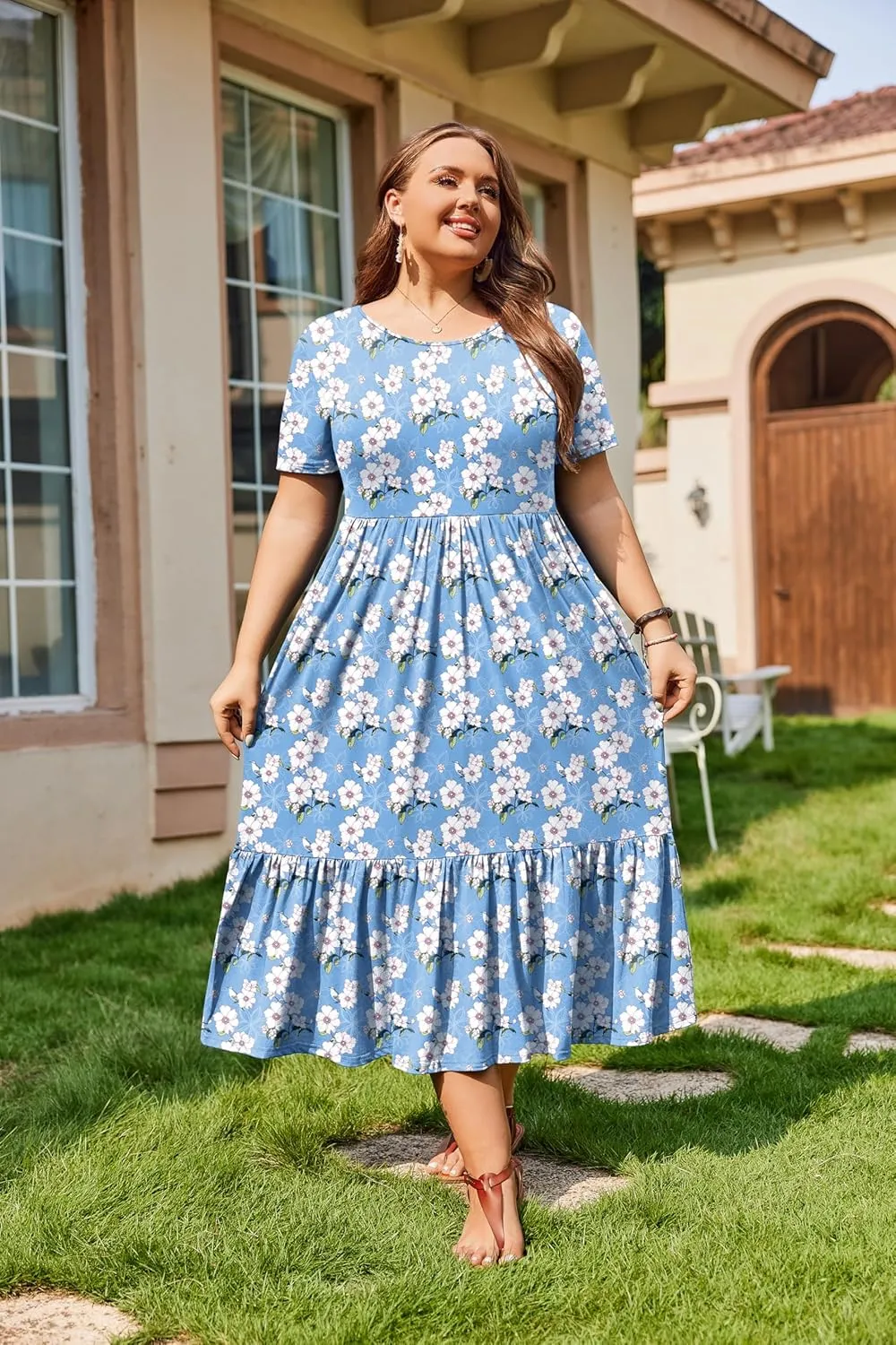 IN'VOLAND Women Plus Size Short Sleeve Dress Loose Plain Casual Summer Flowy Tiered Long Maxi Dresses with Pockets