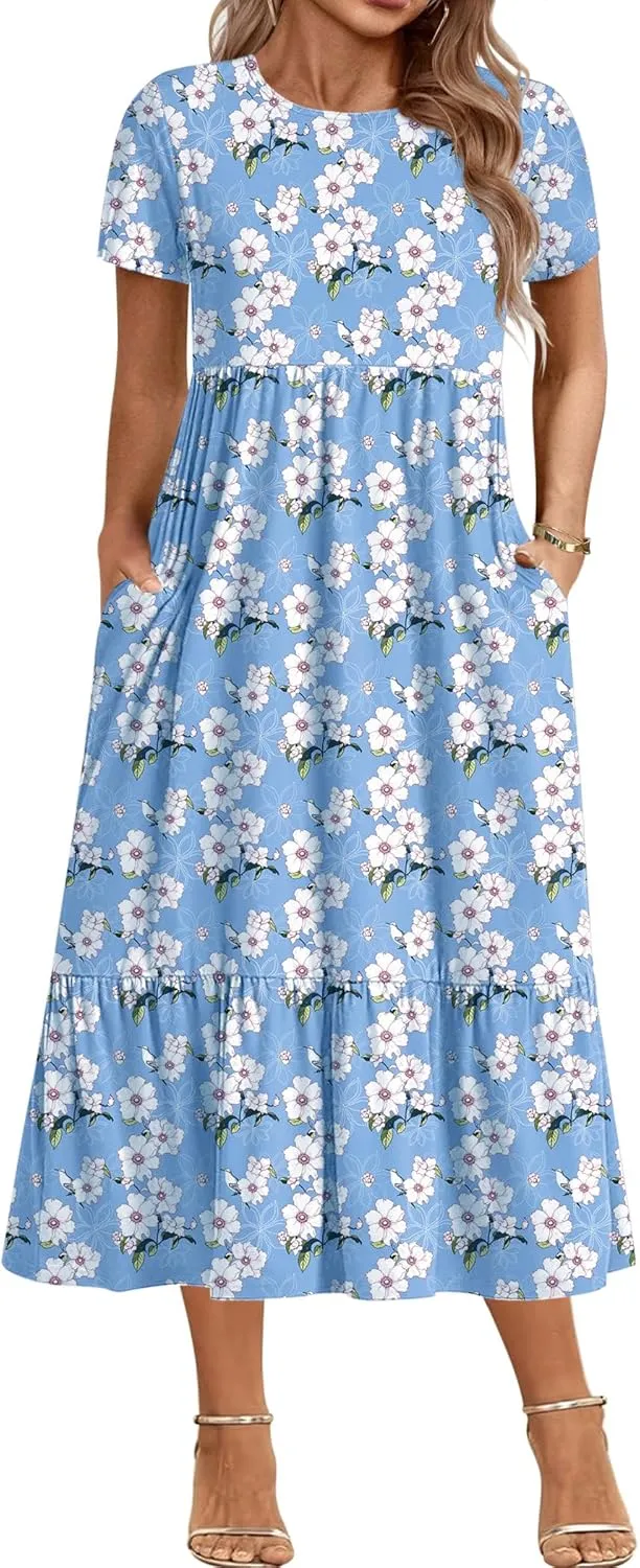 IN'VOLAND Women Plus Size Short Sleeve Dress Loose Plain Casual Summer Flowy Tiered Long Maxi Dresses with Pockets