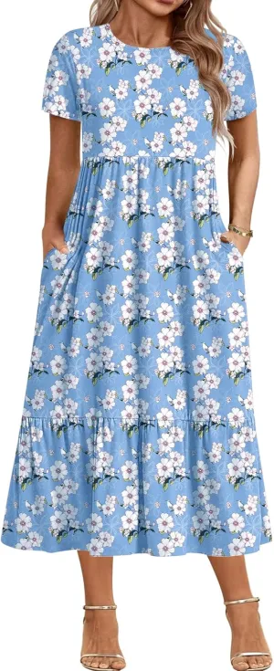IN'VOLAND Women Plus Size Short Sleeve Dress Loose Plain Casual Summer Flowy Tiered Long Maxi Dresses with Pockets