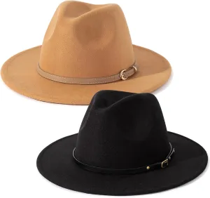 Lisianthus 2 Pack Women & Men Classic Wide Brim Belt Buckle Fedora Hat