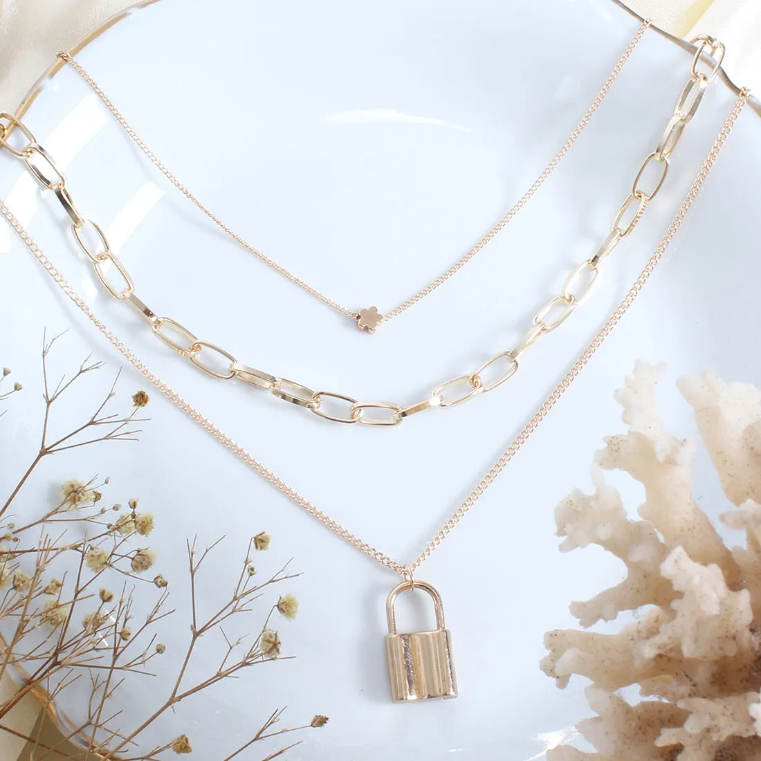 LOCK & MINI FLOWER PENDANT STATEMENT GOLD-TONED CHAIN LINK LAYERED NECKLACE