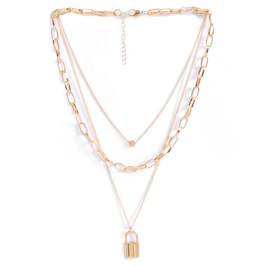 LOCK & MINI FLOWER PENDANT STATEMENT GOLD-TONED CHAIN LINK LAYERED NECKLACE