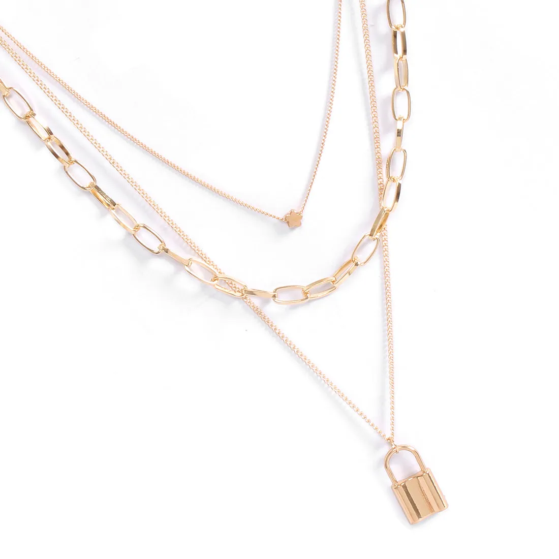 LOCK & MINI FLOWER PENDANT STATEMENT GOLD-TONED CHAIN LINK LAYERED NECKLACE