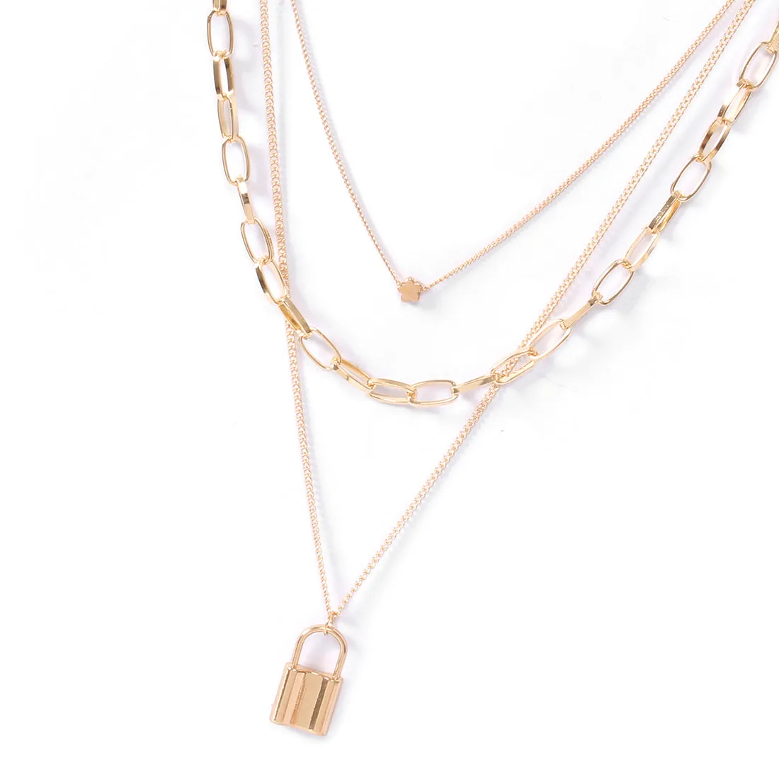 LOCK & MINI FLOWER PENDANT STATEMENT GOLD-TONED CHAIN LINK LAYERED NECKLACE