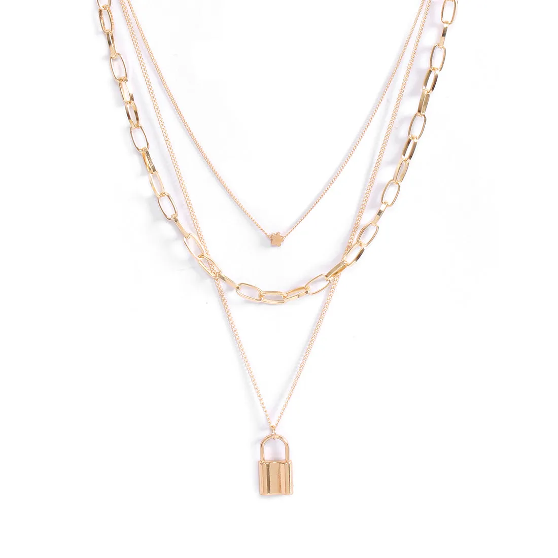 LOCK & MINI FLOWER PENDANT STATEMENT GOLD-TONED CHAIN LINK LAYERED NECKLACE