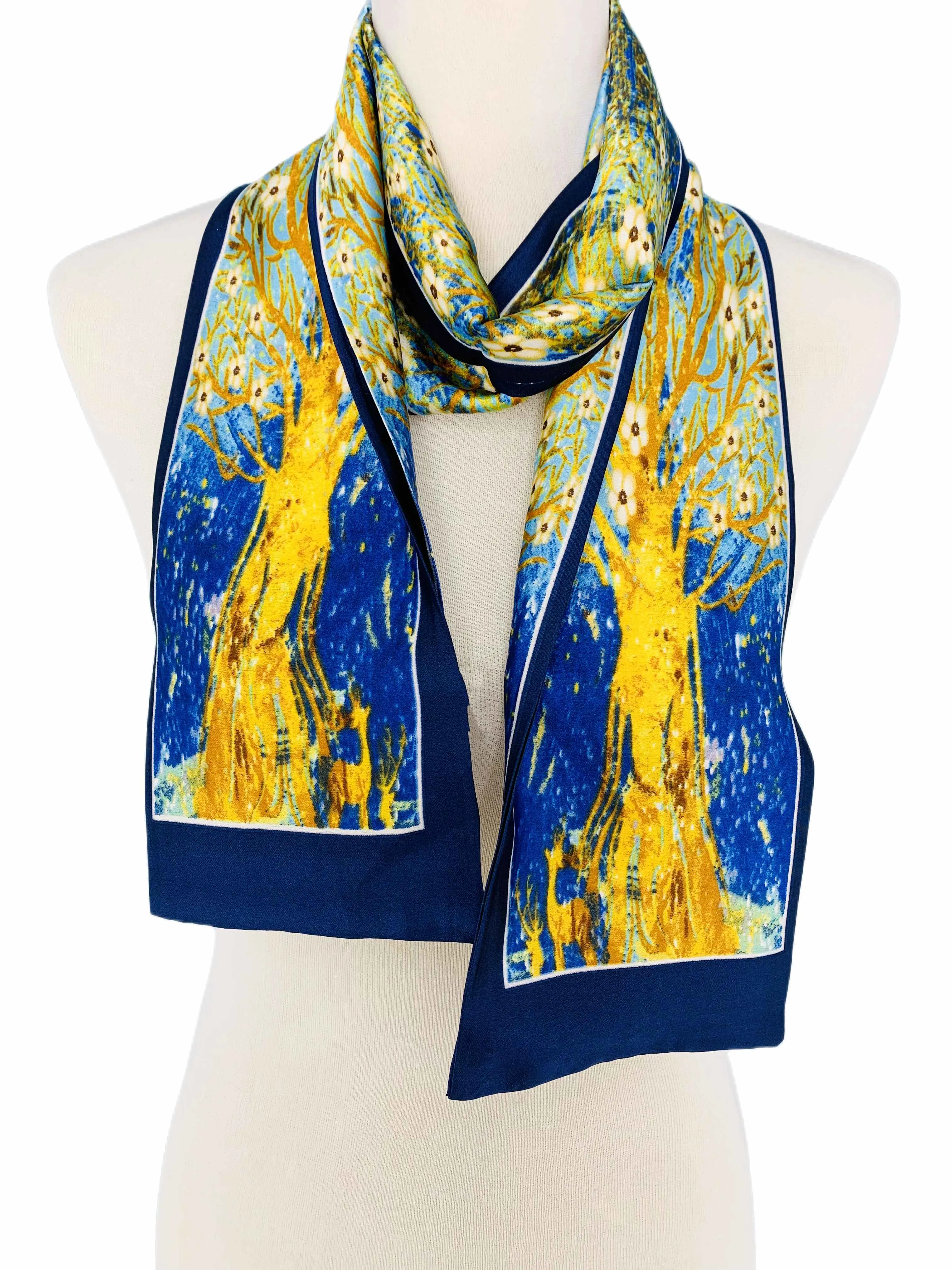 Luxurious Silk-Feel Oblong Scarf--Blue & Yellow Cherry Blossom