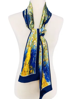 Luxurious Silk-Feel Oblong Scarf--Blue & Yellow Cherry Blossom