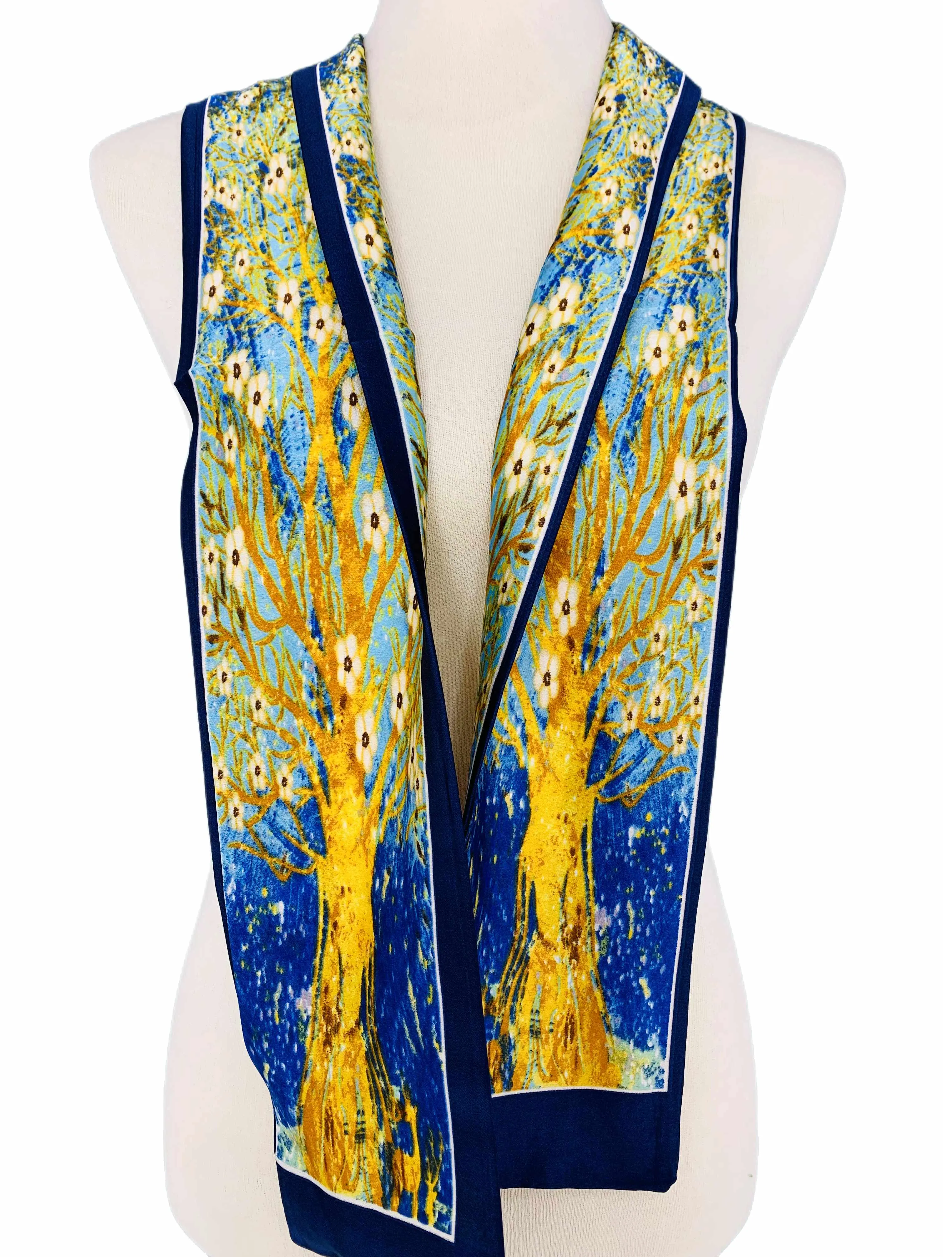 Luxurious Silk-Feel Oblong Scarf--Blue & Yellow Cherry Blossom