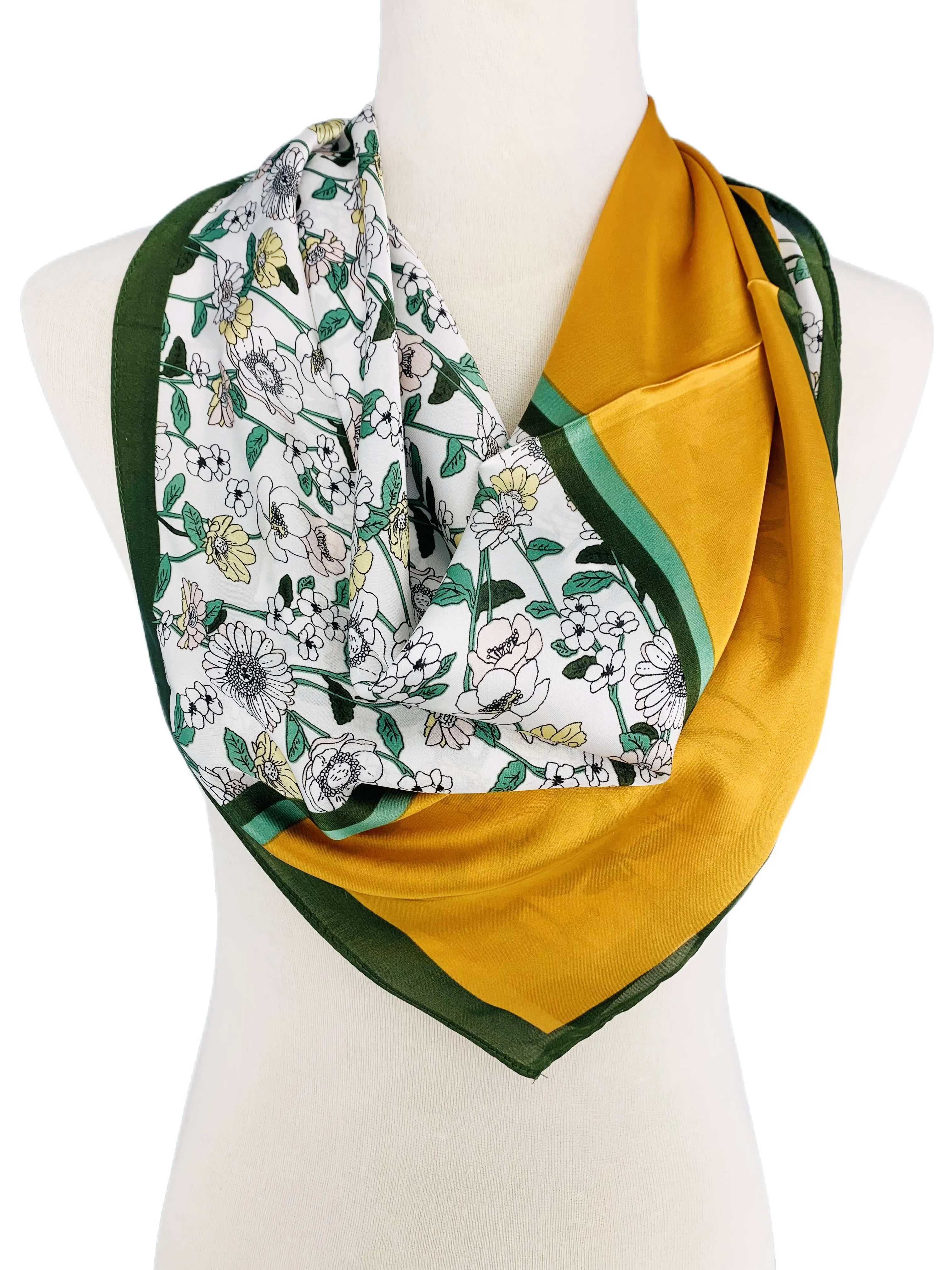 Luxurious Silk-Feel Square Scarf--Daisy & More-Green