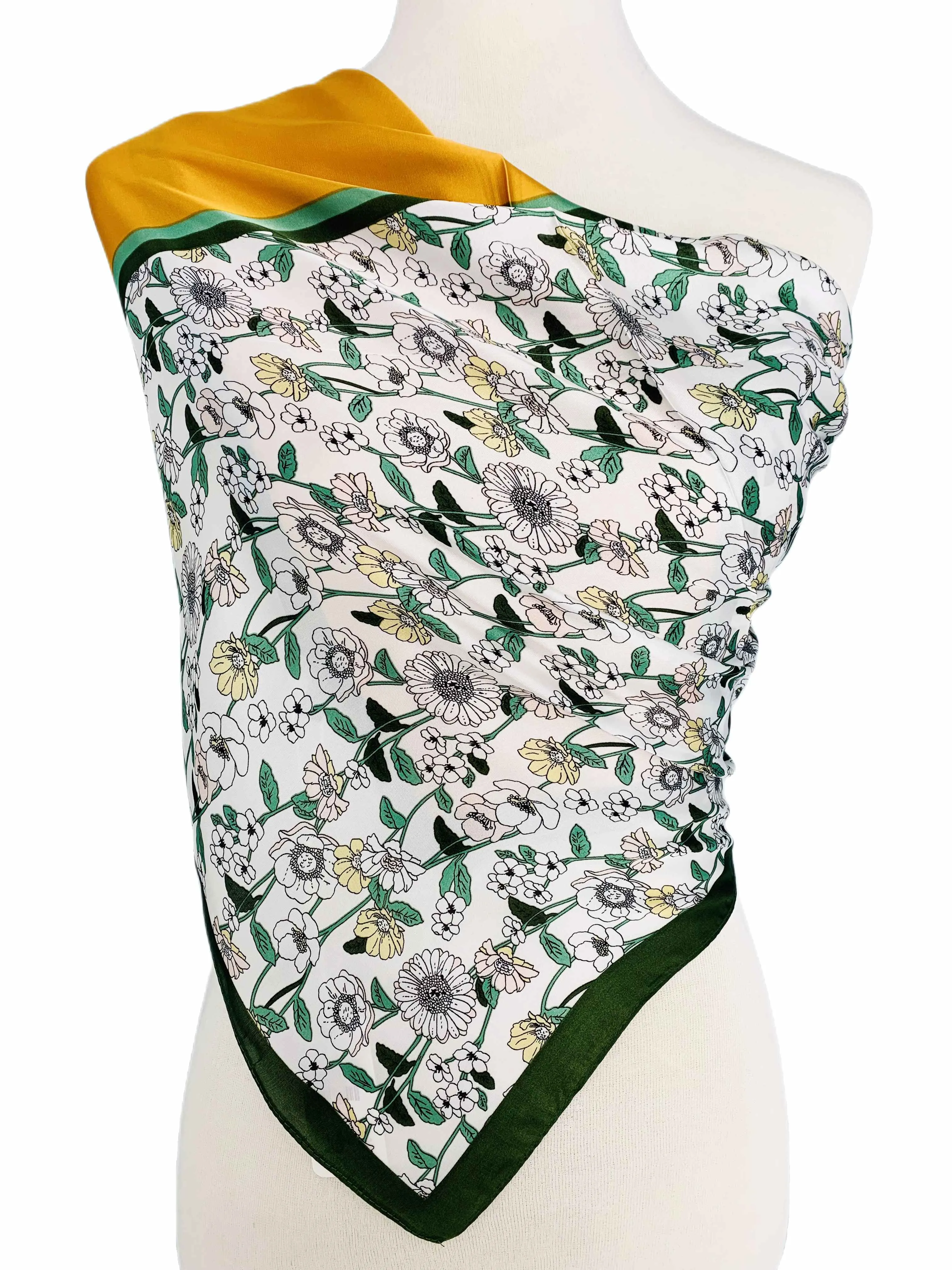 Luxurious Silk-Feel Square Scarf--Daisy & More-Green
