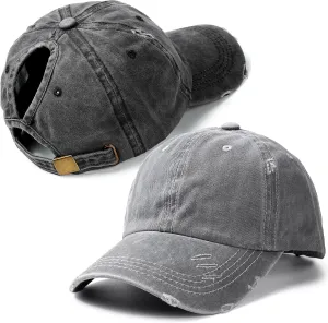 Lvaiz Hats 2 Pack Ponytail Baseball Caps for Women Cotton Distressed Washed Dad Hat Adjustable High Bun Sport Golf Hat