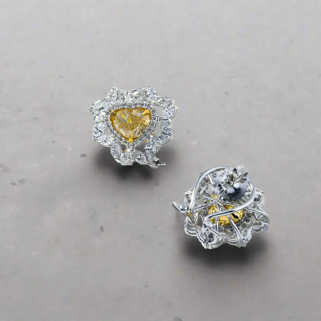 Marigold 5 Carats Heart Cut Fancy Yellow Diamond Stud Earrings in 14K White Gold