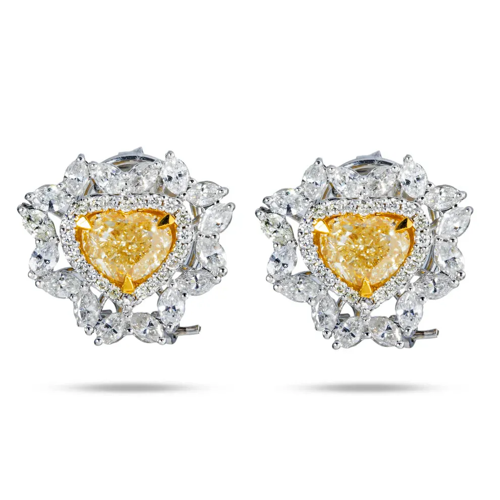 Marigold 5 Carats Heart Cut Fancy Yellow Diamond Stud Earrings in 14K White Gold