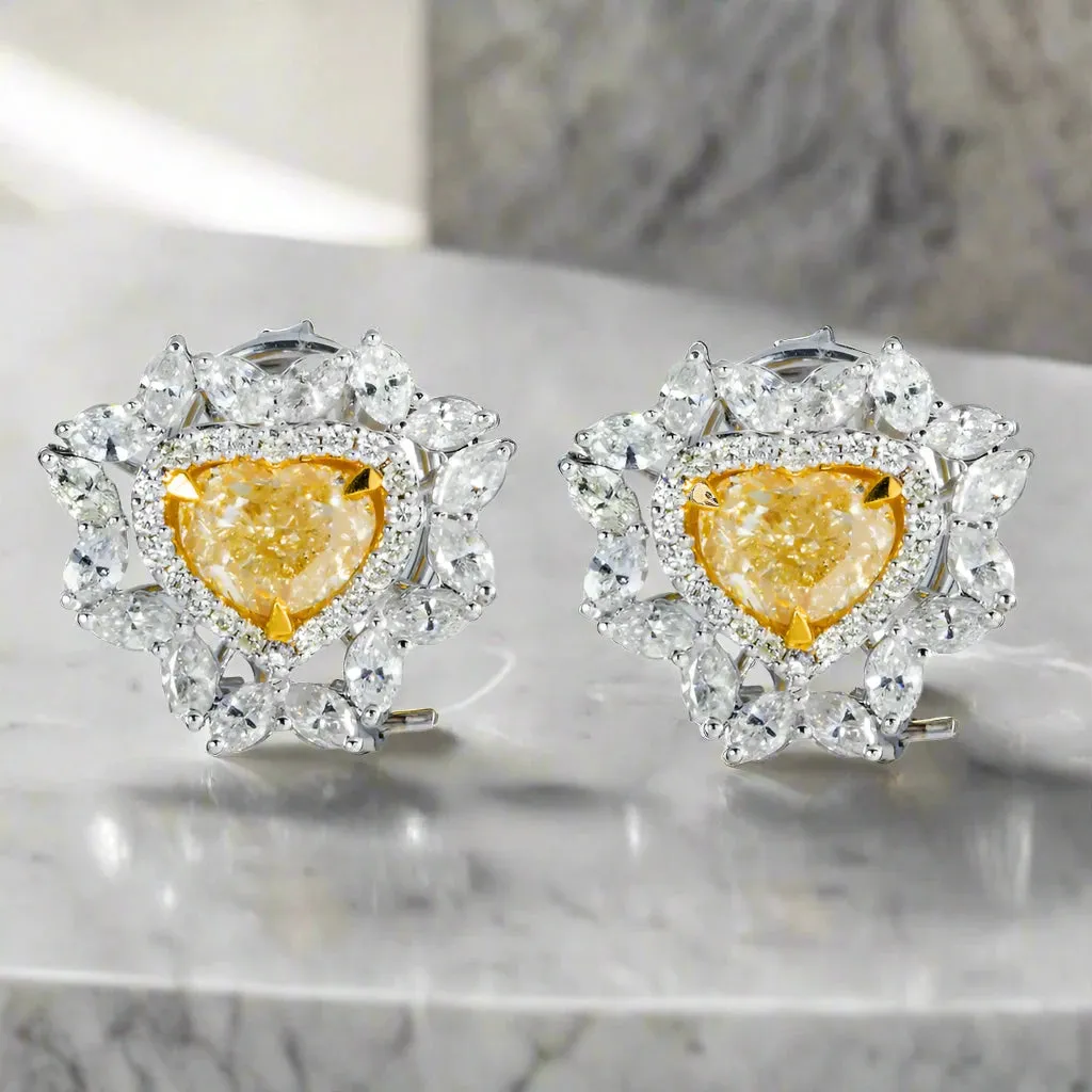 Marigold 5 Carats Heart Cut Fancy Yellow Diamond Stud Earrings in 14K White Gold