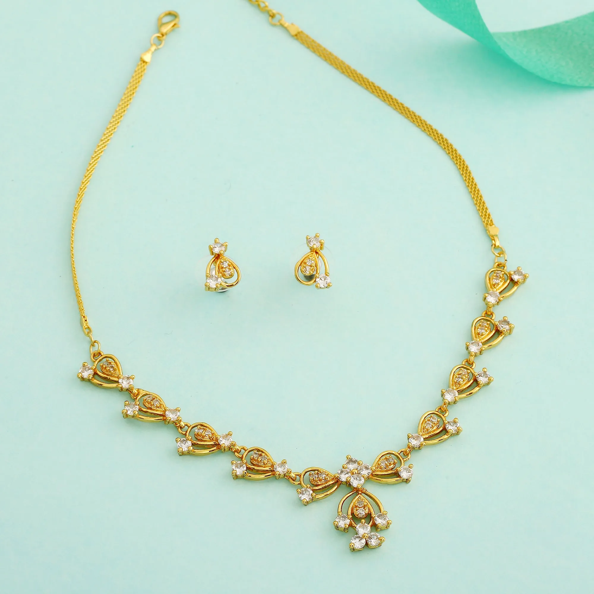 Modern Gold plated American Diamond CZ Bow tie continuity Necklace Set