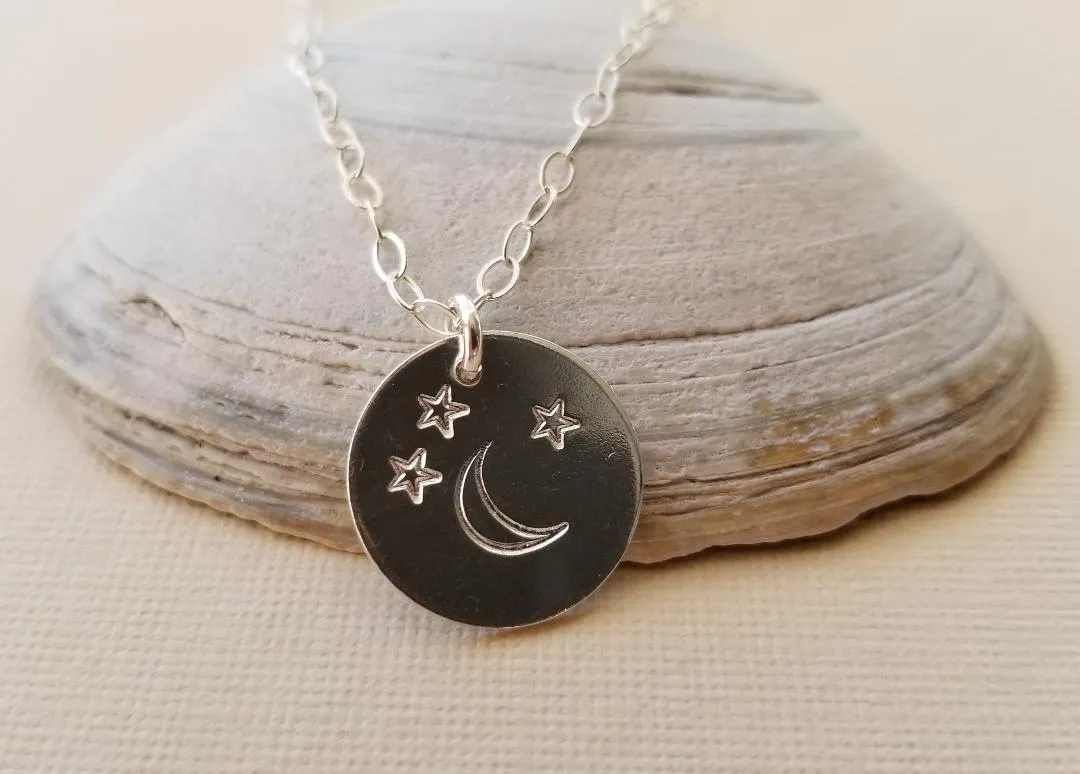 Moon and Stars Disc Necklace, Personalized Charm Necklace
