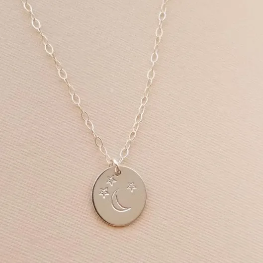 Moon and Stars Disc Necklace, Personalized Charm Necklace