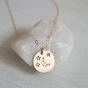 Moon and Stars Disc Necklace, Personalized Charm Necklace